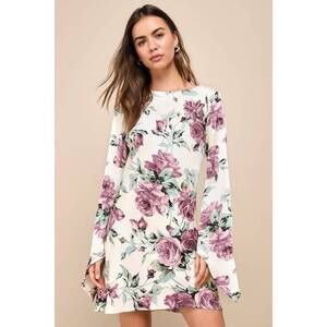 Lulus Sweet Rsvp Cream Floral Satin Backless Long Sleeve Mini Dress White